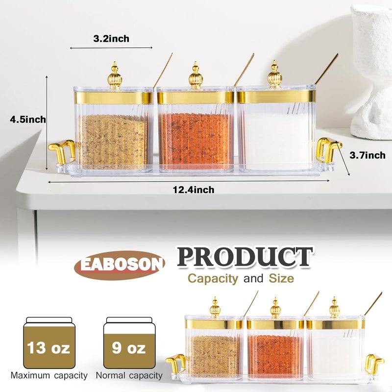 EABOSON 3 Pack Clear Condiment Spice Jars with Lids, Spoons, Tray - Plastic Seasoning Box Set for Salt, Pepper, Sugar - Kitchen Storage - Image 2